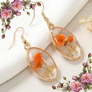 Dried Flower & Golden‎ Hematite Bead Elliptical Earrings fall vibes autumn